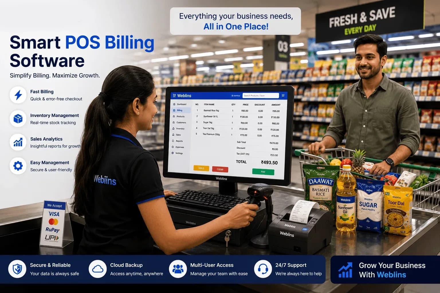 Store billing desk showing real-time POS analytics and reporting